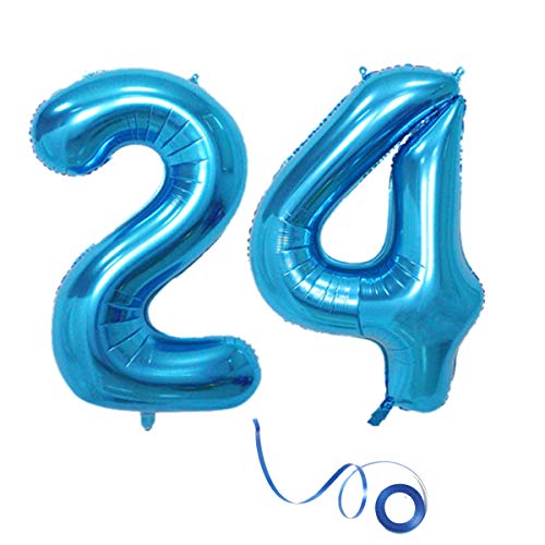 Globo de helio con número 24, color azul, número 24, para fiestas de cumpleaños, cumpleaños, cumpleaños, cumpleaños, XL, para decoración de cumpleaños