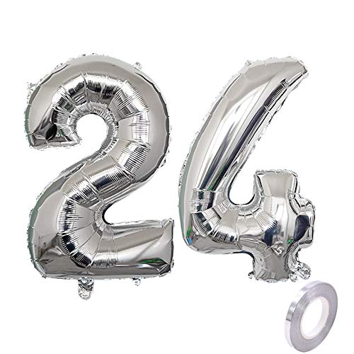 Globo de helio con número 24, color plateado, número 24, para fiestas de cumpleaños, cumpleaños, cumpleaños, decoración de cumpleaños, tamaño XXL, 40 cm