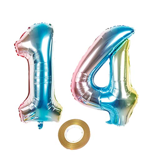 Globos de 100 cm con número 14 en arco iris para decoración de cumpleaños o bodas, diseño de número 14