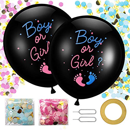 Globos de revelación de género de 91,4 cm, 2 globos de látex grandes para bebé niño o niña con aguja de confeti rosa azul cinta de color para baby shower, revelación de género, decoración de fiesta