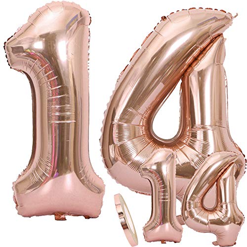 Globos Número 14 Cumpleaños XXL de oro rosa - Helio Globo de lámina gigante en 2 tamaños 40 "y 16" | Set XXL 100cm + Mini 40cm version Decoraciones de cumpleaños |Ideal para el 14 Años como decoración