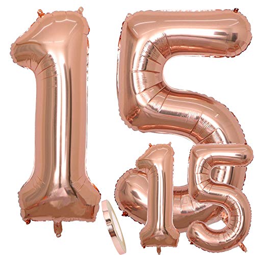 Globos Número 15 Cumpleaños XXL de oro rosa - Helio Globo de lámina gigante en 2 tamaños 40 "y 16" | Set XXL 100cm + Mini 40cm version Decoraciones de cumpleaños |Ideal para el 15 Años como decoración