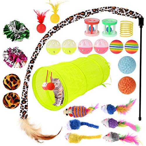 GOLDGE 25 Piezas Juguetes para Gatos, Juguete Interactivo con Plumas para Gatos, Ratóns y Bolas Varias para Gatos, Juguetes para Gatos con Plumas túnel