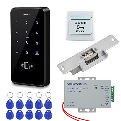 HFeng Kit de Sistema de Control Acceso a la Puerta Teclado RFID a Prueba de Agua IP68 + Cerraduras de Choque Eléctrico NC + Fuente de Alimentación DC12V + 10pcs 125KHz EM4100 Tarjetas