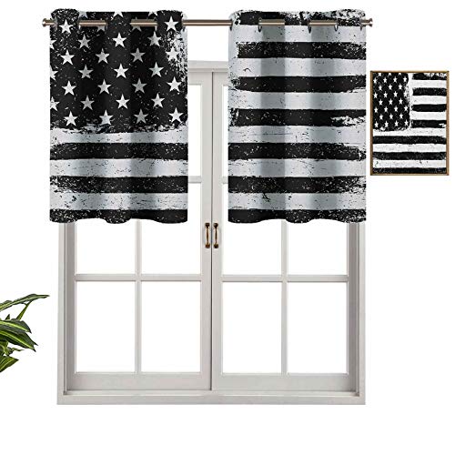 Hiiiman Cenefa corta recta, diseño de bandera americana, color blanco y negro, diseño de la independencia del 4 de julio, juego de 2, 42 x 36 pulgadas para ventanas de cocina
