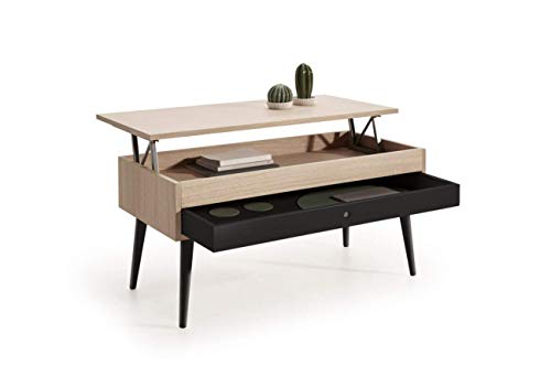 HOGAR24 ES Mesa de Centro Elevable con cajón Deslizante diseño Vintage, Madera Roble Natural Chapado, Color Roble-Negro. Medidas: 100 x 50 x 47 cm.