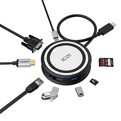 ICZI Hub USB C Thunderbolt 3 8 en 1 Redondo Adaptador USB C a HDMI 4K Dex VGA Ethernet 2 USB 3.0 Lector de Tarjetas SD TF USB-C Power Delivery Docking Station para Macbook Pro etc ICZI Hub USB C Thunderbolt 3 8 en 1 Redondo Adaptador USB C a HDMI 4K Dex VGA Ethernet 2 USB 3.0 Lector de Tarjetas SD TF USB-C Power Delivery Docking Station para Macbook Pro etc