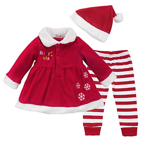 IEFIEL Costume Conjuntos de Tres Piezas Navidad Reyes Disfraces Chaqueta Fiesta Vestido + Pantalones Rayas + Gorro para Bebé Niña A Rojo 12-18 Meses