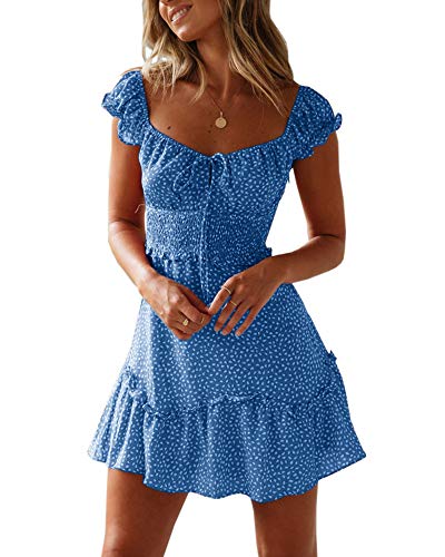 Imily Bela - Vestido de mujer de verano con fruncido y estampado de lunares y flores. Con volantes y tirantes 2 azul M Imily Bela - Vestido de mujer de verano con fruncido y estampado de lunares y flores. Con volantes y tirantes 2 azul M