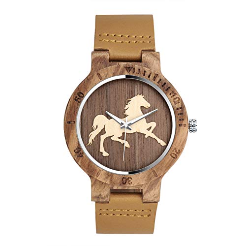 Infinito U-Moda Casual Reloj de Madera de Bambú para Mujer y Hombre Reloj de Cuarzo Negocios con la Correa de Cuero Genuino Idea Regalo Navidad Diseño en Caballo