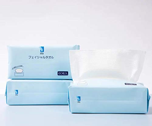 ITO Toalla facial desechable de Japón de PACK X3,100% algodón, ideal para piel sensible,3 x 60 pañuelos por bolsa.