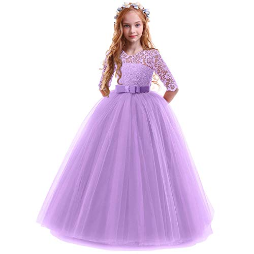 IWEMEK Vestidos de Princesa Fiesta de la Boda de Las Niñas 3/4 Largo Manga Tul Vestidos de Dama De Honor Fiesta Graduación Comunión Cumpleaños Paseo Baile Cóctel Vestido de Novia 9-10 Años