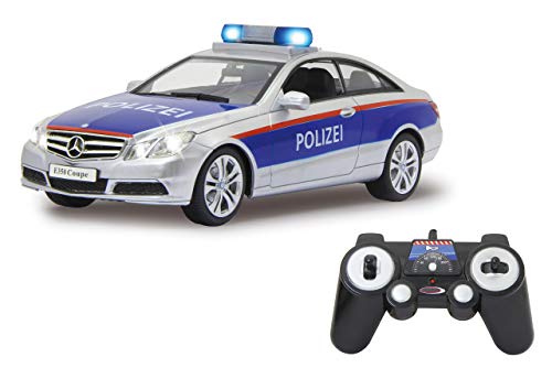 Jamara 405126 Mercedes-Benz E 350 Coupe Policía Plata/Rojo 1:16 2,4 G sirena alemana de alarma, arranque, aceleración, frenos, tono, claxon, luz de señal, 4 velocidades