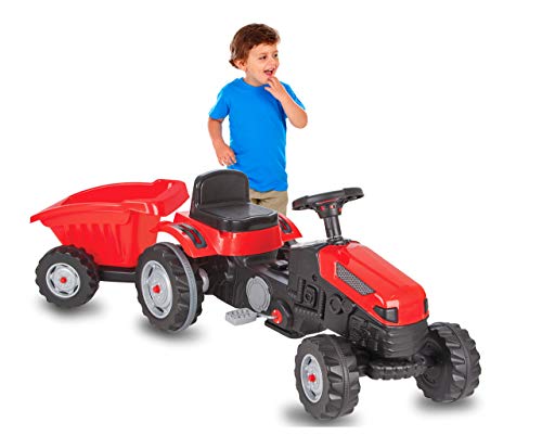 Jamara- Tractor Strong Bull con Remolque – Antivuelco, accionamiento por Pedales, Sistema de Volante, Asiento Ajustable, bocina, Peso máximo 60 kg, Color Rojo (460825)