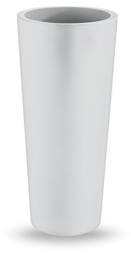 Jarrón redondo, moderno, liso, de 38 cm de diámetro y 85 cm de alto realizado en resina, maceta, color blanco