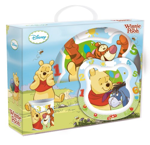 Joy Toy 736195 - Disney Winnie the Pooh - Juego de 3 piezas de melamina: 1 plato llano 20 cm, 1 plato hondo 14 cm y una taza 9 cm (245 ml) en paquete regalo (27 x 10 x 25 cm)