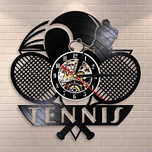KEC Tournament Tennis Match Grand Slam Reloj de Pared con Disco de Vinilo Logotipo de Tenis Raqueta Cancha Bola Decoración Reloj de Pared Regalo para Jugadores de Tenis