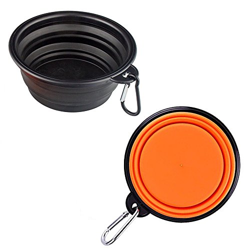 KEKU 2-Pack Plegable del Recorrido Perro Bowl, Silicona Comedero portátil Pet Food Agua de la Taza, Plato Plegable Extensible Copa para los Animales domésticos, Aprobado por la FDA. [Negro y Naranja]