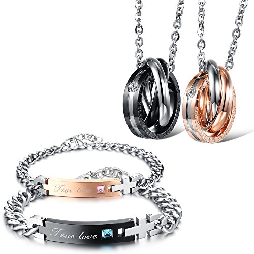 Kim Johanson Juego de joyas de acero inoxidable para enamorados, pulseras y cadenas «True Love», para enamorados, oro rosa y negro, con circonitas cúbicas, incluye bolsa de joyería