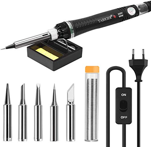 Kit del Soldador Tabiger, Soldador Electrico con temperatura ajustable e interruptor de encendido/apagado,soldador de 60W/220V con 5PCS puntas de soldadura,soporte de soldadura con esponja Kit del Soldador Tabiger, Soldador Electrico con temperatura ajustable e interruptor de encendido/apagado,soldador de 60W/220V con 5PCS puntas de soldadura,soporte de soldadura con esponja
