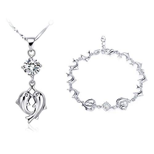 KnSam Collar Plata Mujer, Conjunto de Collar Pendientes, Dolphin of Love Cristal Diamante de Imitación Juego de Joyas