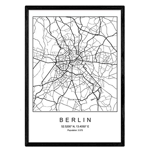 Lámina mapa de la ciudad Berlin estilo nordico en blanco y negro. Poster tamaño A3 Enmarcado con marco negro Impreso papel 250 gr. Cuadros, láminas y posters para salon y dormitorio