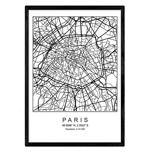 Lámina mapa de la ciudad Paris estilo nordico en blanco y negro. Poster tamaño A3 Enmarcado con marco negro Impreso papel 250 gr. Cuadros, láminas y posters para salon y dormitorio