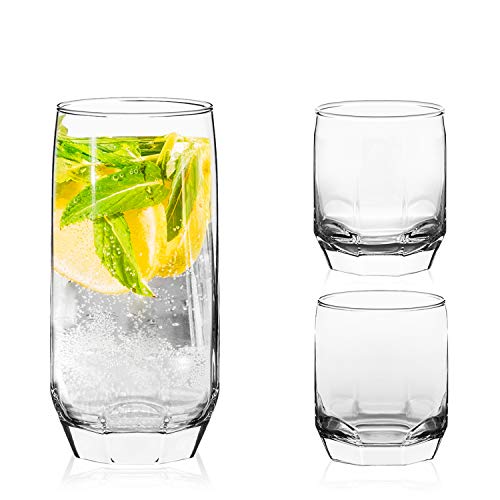 LAV 18 vasos para bebidas, 3 tamaños diferentes, juego de vasos de 385 ml, 310 ml, vasos para agua de 215 ml cócteles, licores y postres