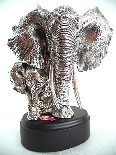 LBA Cabeza de Elefante y su cría. Escultura Fabricada en Resina Plateada, con peana de Madera. Medidas: 30x22x20 cms. Peso:1,589Kg.