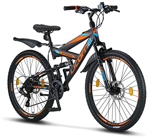 Licorne Bike Strong D - Bicicleta de montaña de 26 Pulgadas Fully, Freno de Disco Delantero y Trasero, Cambio Shimano de 21 Marchas, suspensión Completa, para jóvenes y Hombres