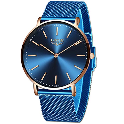 LIGE Relojes Hombre Lujo Ultra Fino Azul Analogicos Cuarzo Relojes Hombre Impermeable Acero Inoxidable Automática Fecha Relojes