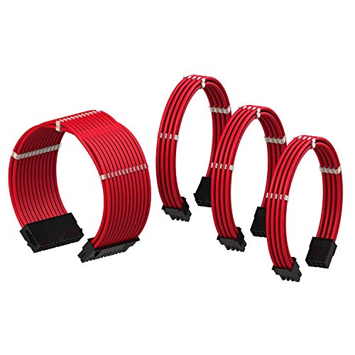 LINKUP - Cable con Manguito - Prolongación de Cable para Fuente de Alimentación con Kit de Alineadores┃1x 24P (20+4) MB┃1x 8P (4+4) CPU┃2X 8P (6+2) GPU┃30CM 300MM - Rojo