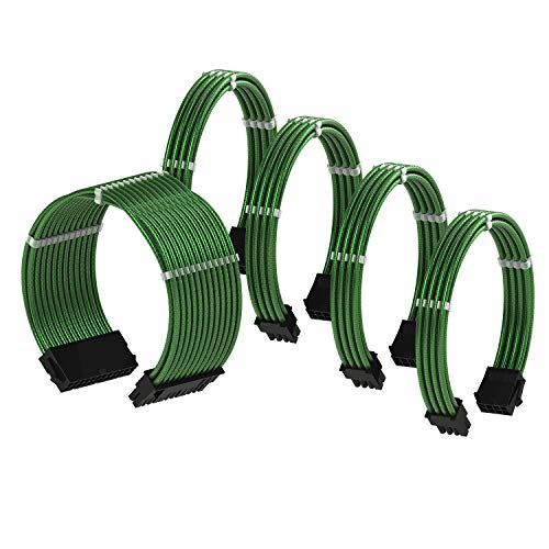 LINKUP - Cable con Manguito - Prolongación de Cable para Fuente de Alimentación con Kit de Alineadores┃1x 24P (20+4) MB┃2X 8P (4+4) CPU┃2X 8P (6+2) GPU┃30CM 300MM - Verde Metalizado