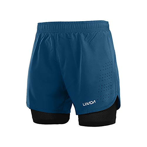 Lixada Pantalones cortos 2 en 1 para hombre, de secado rápido, transpirables, para entrenamiento activo, con zapato interior más largo, azul oscuro, large