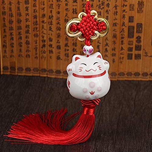 Maneki Neko Feng Shui - Colgante de Gato de la Suerte japonés, Figura de Porcelana y abalorio de la Suerte (Rojo)