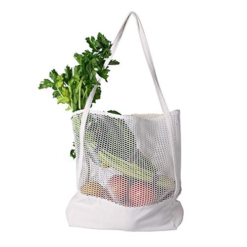 Marlon Nancy - Bolsa de compras de 5 piezas, de malla de algodón reutilizable con asa para almacenamiento de frutas y verduras (blanco)