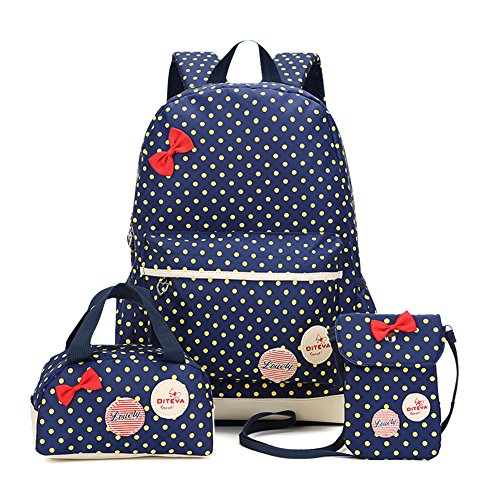 MCUILEE Conjunto de 3 Polka Dot Mochilas Escolares/Escolares Bolsas/Mochila niños niñas Adolescentes + Mini Bolso + Bolso Crossbody (Azul Marino)