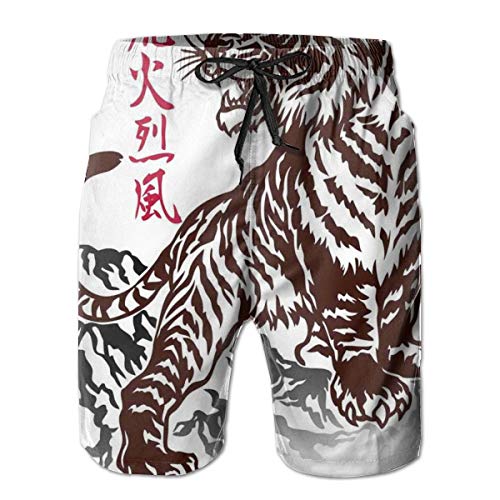 Men's Swim Trunks Board Shorts Beach Pants Surfing Boardshorts,Wild Chinese Tiger with Stripes and Roaring While Its Paws On Rock Asian Pattern,Fancy Print Hawaiian Shorts Four Size,Medium