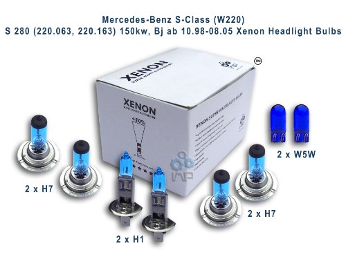 Mercedes-Benz S-Class (W220) S 280 (220.063, 220.163) 150kw, Bj ab 10.98-08.05 Xenon Headlight Bulbs H1, H7, H7, W5W Mercedes-Benz S-Class (W220) S 280 (220.063, 220.163) 150kw, Bj ab 10.98-08.05 Xenon Headlight Bulbs H1, H7, H7, W5W