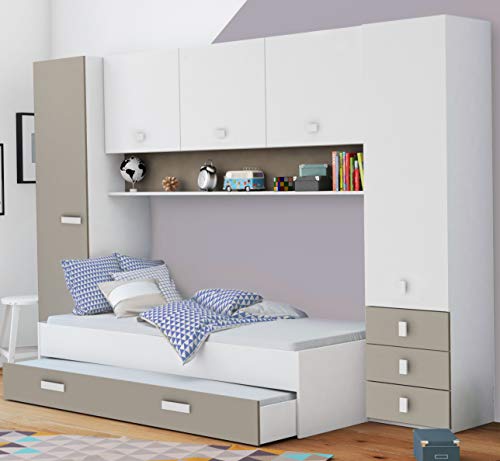 Miroytengo Pack Dormitorio Puente Infantil Juvenil Tidy Color Blanco y Arcilla habitación Moderno (Armario + Cama + cajón)