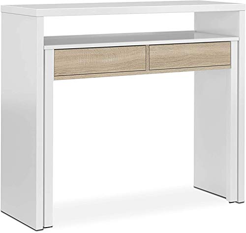 Mobelcenter - Mesa Escritorio Extensible con 2 Cajones - Consola Estudio Extensible - Color Blanco Artik y Roble Canadian - Medidas: Ancho: 98,5 cm x Alto: 87,5 cm x Fondo: 36-70 cm - (0902)