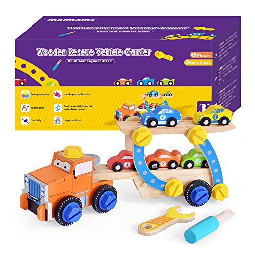 MOIMOINS Camión de Madera para niños Vehículos de Emergencia de Juguete Transportador de Coches de Juguete de Madera con 5 Mini Coches MM-C01