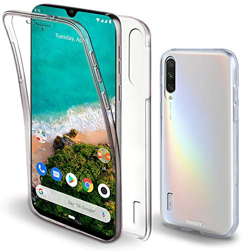 Moozy Funda 360 Grados para Xiaomi Mi A3 Transparente - Full Body Case Carcasa Cuerpo Completo - Parte Delantera de Silicona, Trasera de PC Duro