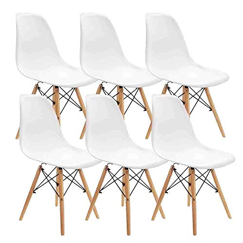 MUEBLES HOME - Juego de 6 sillas de comedor modernas de mediados de siglo, sillas de plástico con patas de madera para dormitorio, sala de estar, sillas montadas lateralmente, color blanco