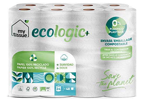 My Tissue - 1 Paquete de Papel WC Reciclado, 300 Servicios, 24 Rollos - Ecológico, Doble Rollo, Dos Capas, Compacto, Suave, Certificado FSC Recycled, Color Blanco