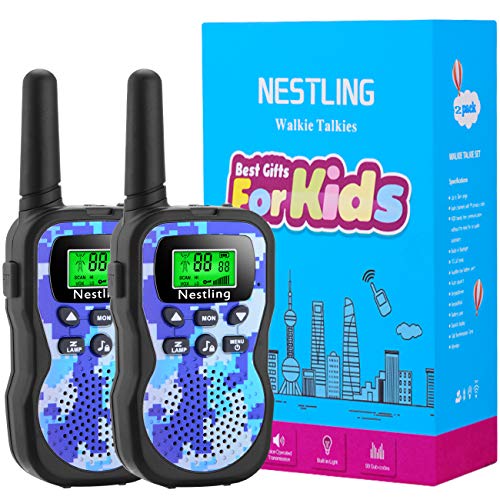 Nestling Walkie Talkie para niños, Camuflaje al Aire Libre, 8 Canales, Radio de 2 vías, Juguetes, Linterna LCD retroiluminada, Rango de 3 Millas para Actividades Infantiles (2pcs Azul)