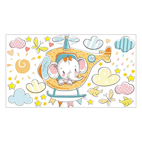 nikima 028 - Adhesivo de pared para habitación infantil, diseño de elefante sobre helicóptero, en 6 tamaños, para habitación de bebé, niña, tamaño 750 x 420 mm