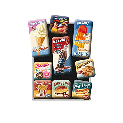 Nostalgic-Art Juego de Imanes Retro American Diner – Idea de Regalo para la Cocina, Decoración para la Nevera, Multicolor, 9 Unidades