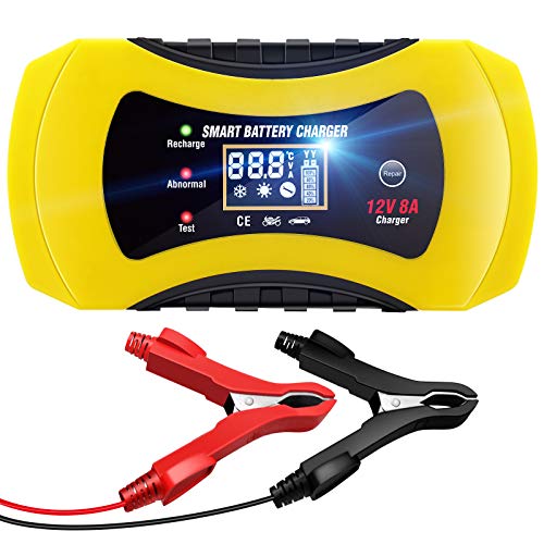 NWOUIIAY Cargador Batería Coche 12V 8A Inteligente Portátil Cargador Batería Moto con Protecciones Múltiples LCD Pantalla Digital para Cargar Baterías de AGM Gel SLA Wet Calcio etc