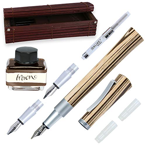 Online 37712 - Juego de plumas estilográficas (1,4 mm, agarres 0,8 y 1,8 mm, frasco de tinta marrón y convertidor, caja de bambú)